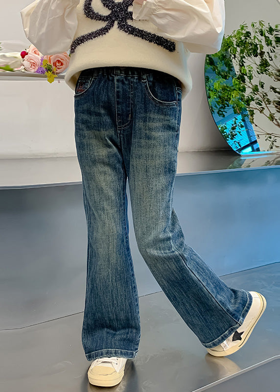 Denim Navy Pockets Patchwork Kids Flared Pants Spring