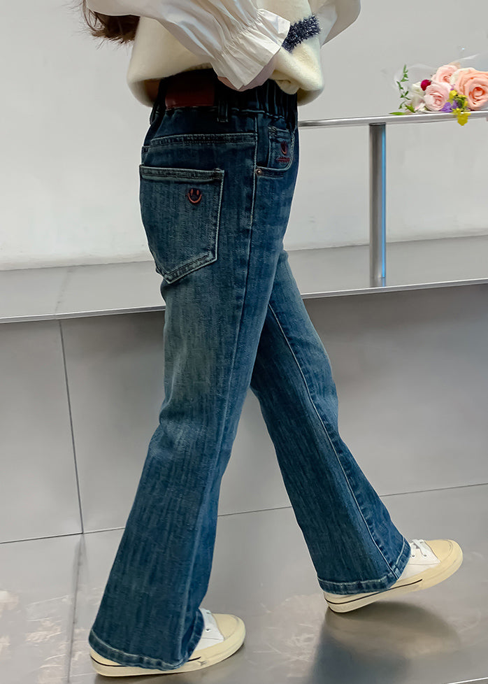 Denim Navy Pockets Patchwork Kids Flared Pants Spring