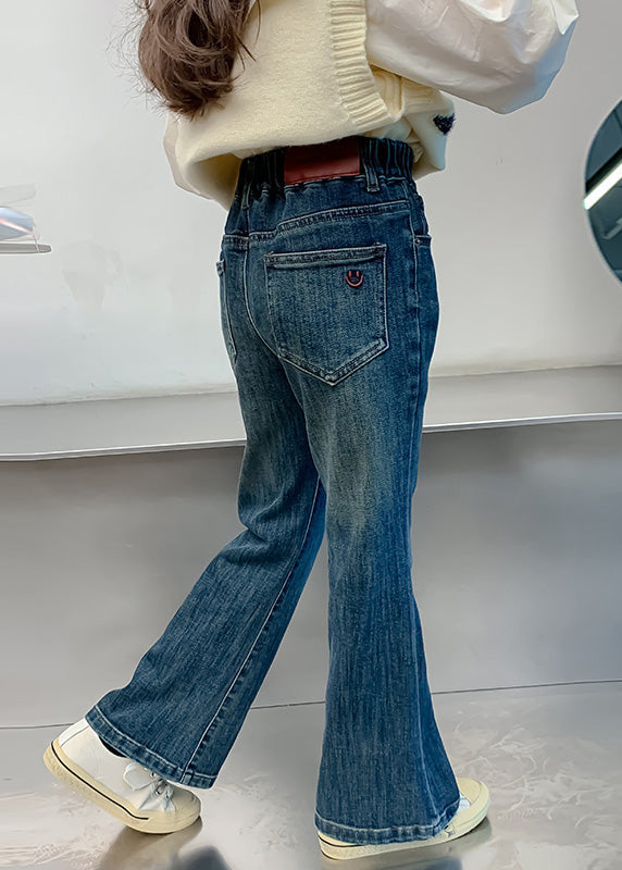 Denim Navy Pockets Patchwork Kids Flared Pants Spring