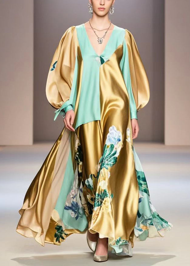 Golden Asymmetrical Patchwork Print Silk Vacation Dress Spring
