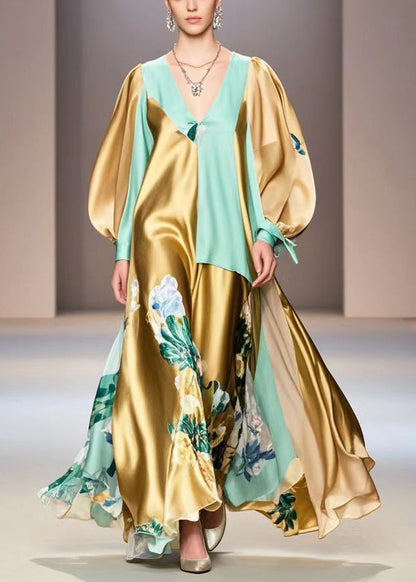 Golden Asymmetrical Patchwork Print Silk Vacation Dress Spring