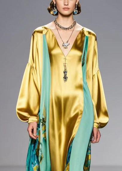 Golden Patchwork Silk Dress V Neck Lantern Sleeve