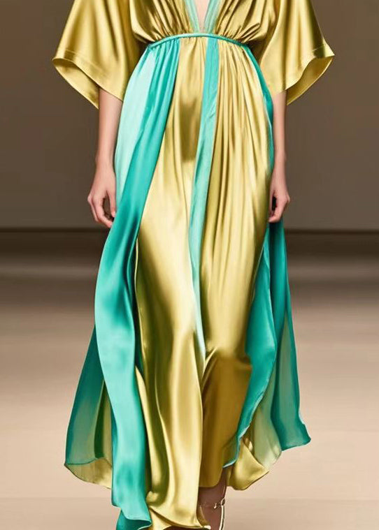 Golden V Neck Patchwork Silk Ankle Dress Summer