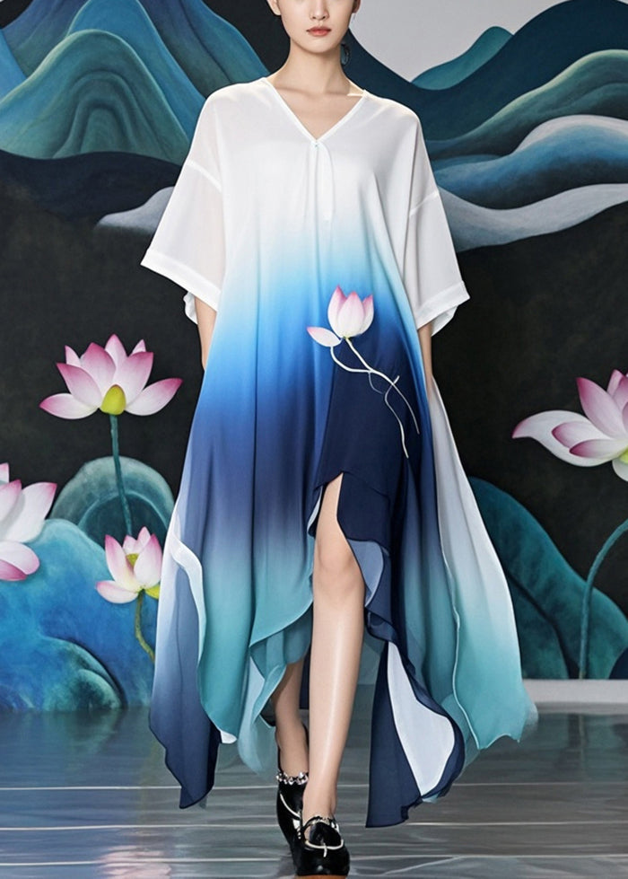 Gradient Color Asymmetrical Design Lotus Print Chiffon Long Dress Summer