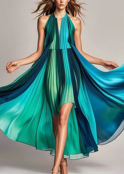 Gradient Color Asymmetrical Exra Large Hem Silk Pleated Dresses Summer