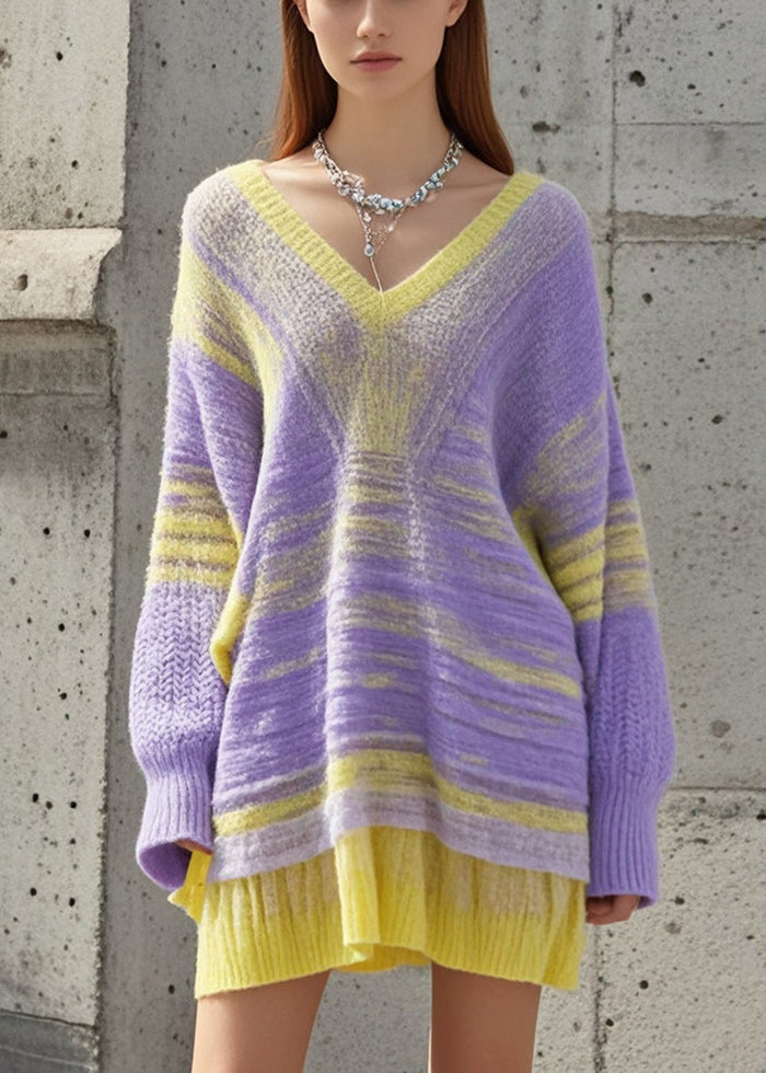 Gradient Color V Neck Cozy Loose Sweater Dress Fall
