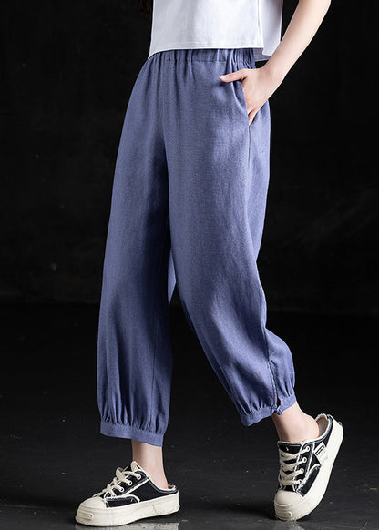 Grass Green Pockets Elastic Waist Linen Crop Pants Fall