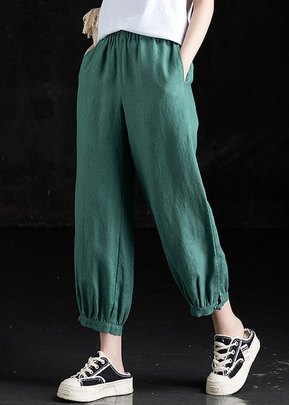 Grass Green Pockets Elastic Waist Linen Crop Pants Fall
