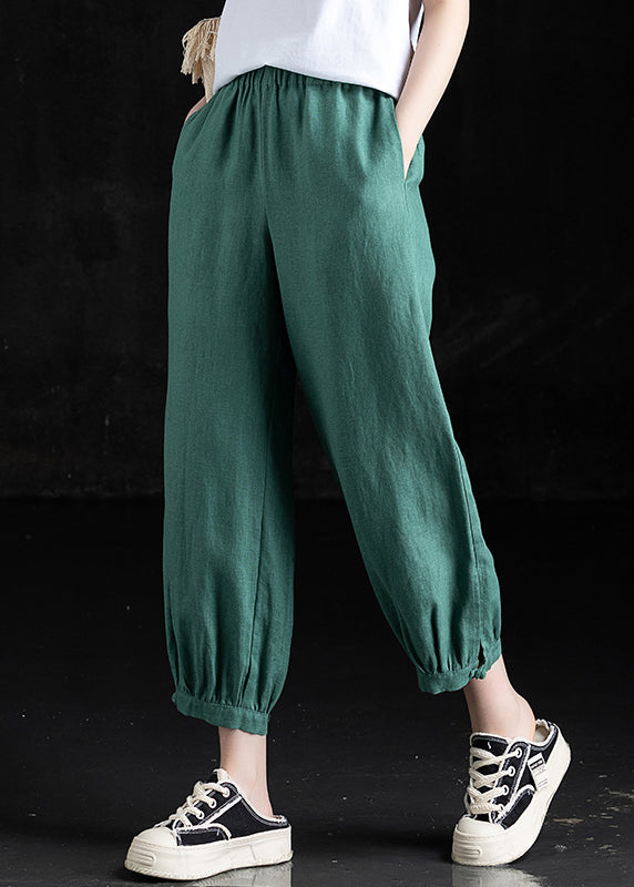 Grass Green Pockets Elastic Waist Linen Crop Pants Fall