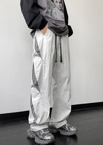 Gray Pockets Elastic Waist Cotton Pants Fall