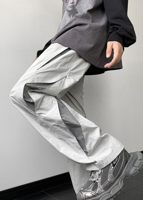 Gray Pockets Elastic Waist Cotton Pants Fall