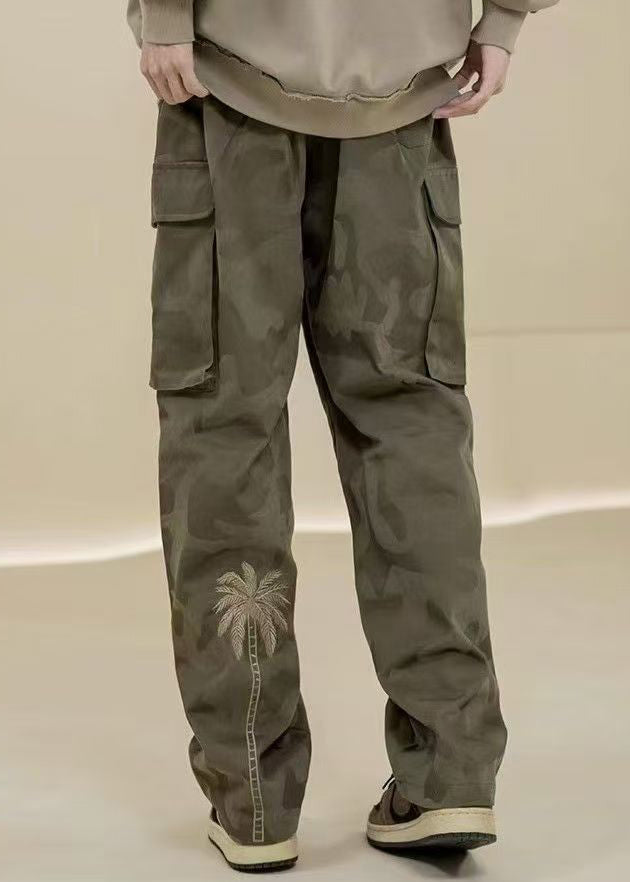 Green Camouflage Embroideried Pockets Cotton Pants Spring