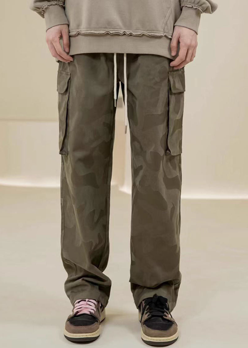 Green Camouflage Embroideried Pockets Cotton Pants Spring