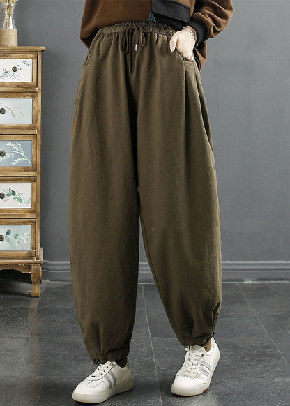 Green Elastic Waist Cotton Beam Pants Fall
