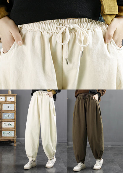 Green Elastic Waist Cotton Beam Pants Fall