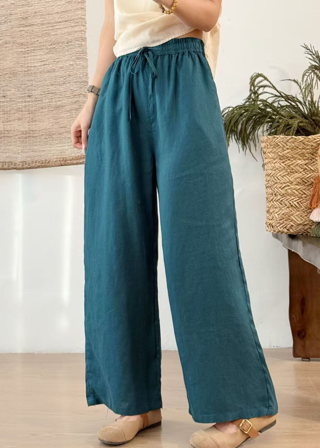 Green Elastic Waist Linen Straight Pants Summer