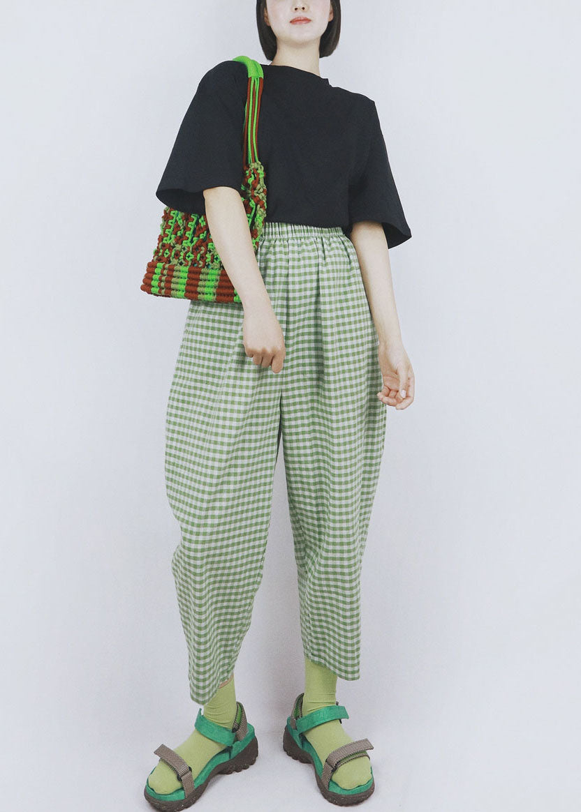 Green Elastic Waist Pockets Plaid Cotton Crop Pants Summer