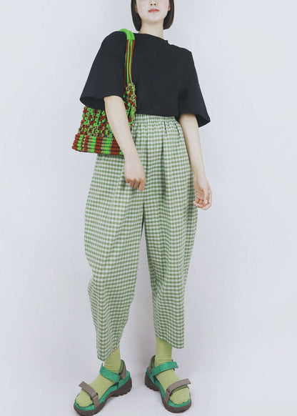 Green Elastic Waist Pockets Plaid Cotton Crop Pants Summer