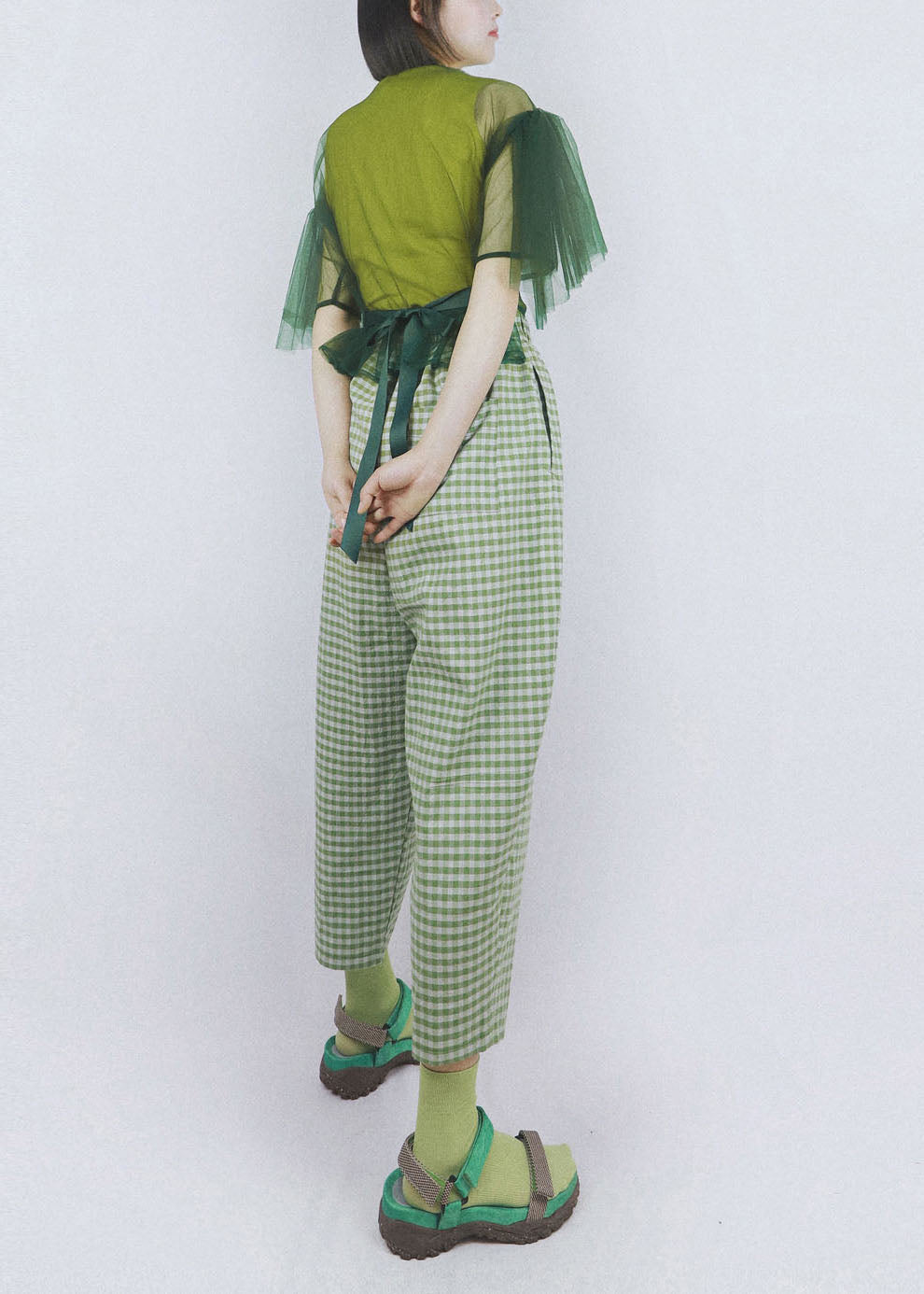 Green Elastic Waist Pockets Plaid Cotton Crop Pants Summer