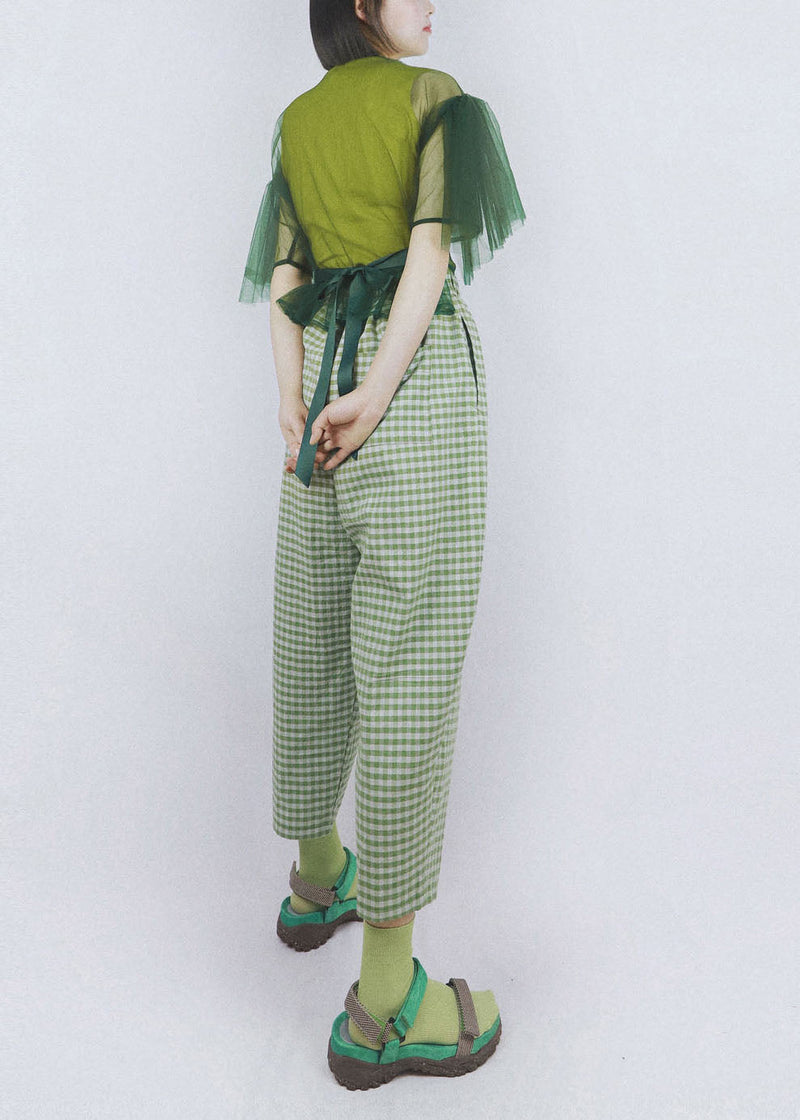 Green Elastic Waist Pockets Plaid Cotton Crop Pants Summer