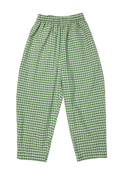 Green Elastic Waist Pockets Plaid Cotton Crop Pants Summer