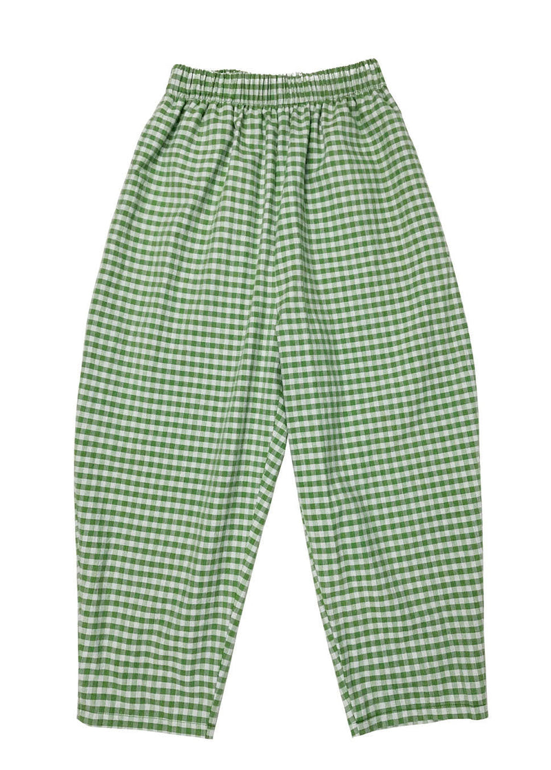 Green Elastic Waist Pockets Plaid Cotton Crop Pants Summer