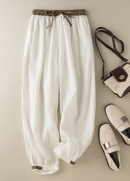 Green Elastic Waist Thin Linen Crop Pants Summer