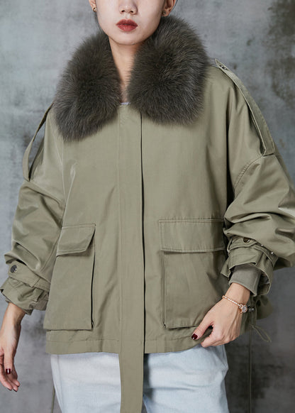 Green Fox Collar Fuzzy Rabbit Hair Lined Drawstring Coats Spring