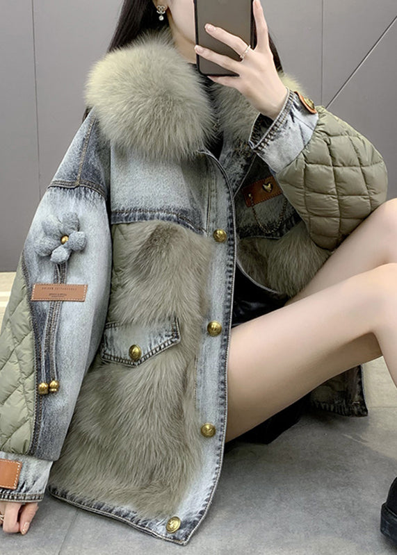 Green Fox Collar Denim Patchwork Button Down Coats Winter