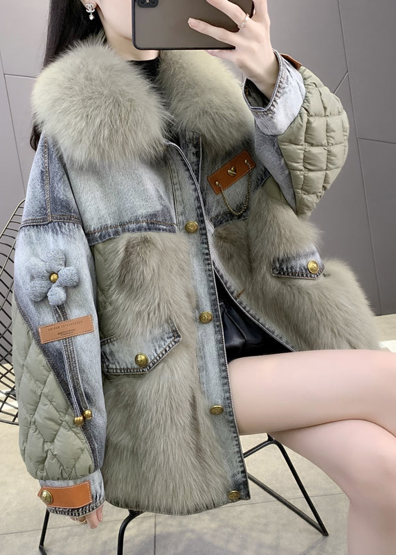 Green Fox Collar Denim Patchwork Button Down Coats Winter