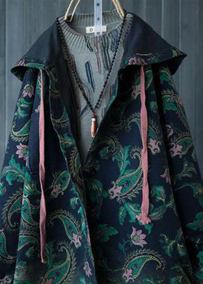 Green Gradient Color Hooded Pockets Print Cotton Denim Trench Spring