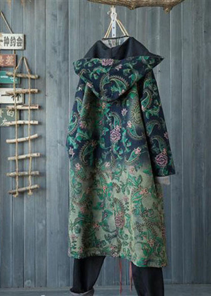 Green Gradient Color Hooded Pockets Print Cotton Denim Trench Spring