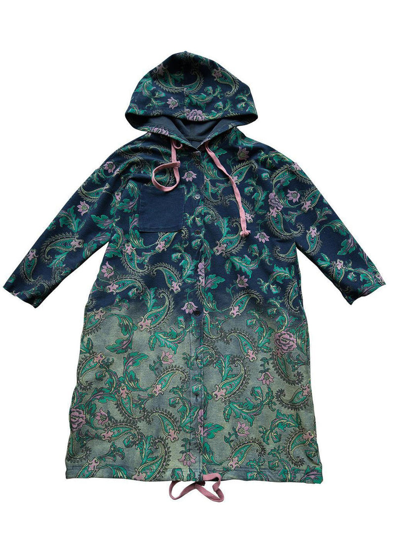 Green Gradient Color Hooded Pockets Print Cotton Denim Trench Spring