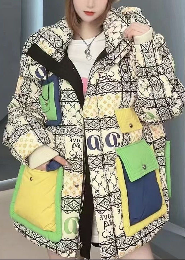 Green Hooded Letter Print Duck Down Down Coat Winter
