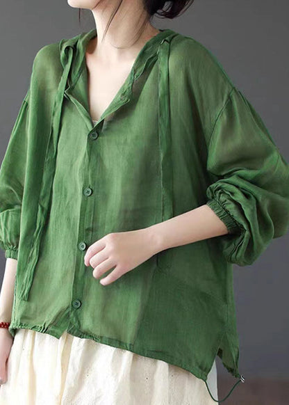 Green Hooded Pockets Patchwork Linen Thin Coat Summer