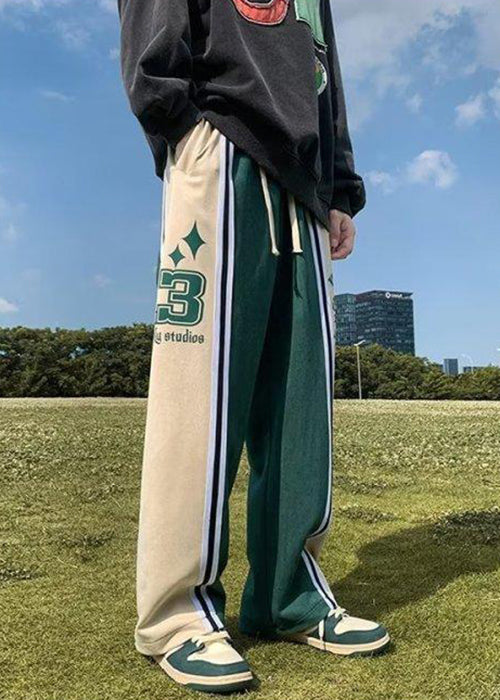 Green Letter Elastic Waist Patchwork Cotton Pants Spring