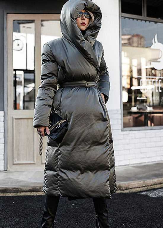 Green Loose Thick Tie Waist Winter Duck Down Coat