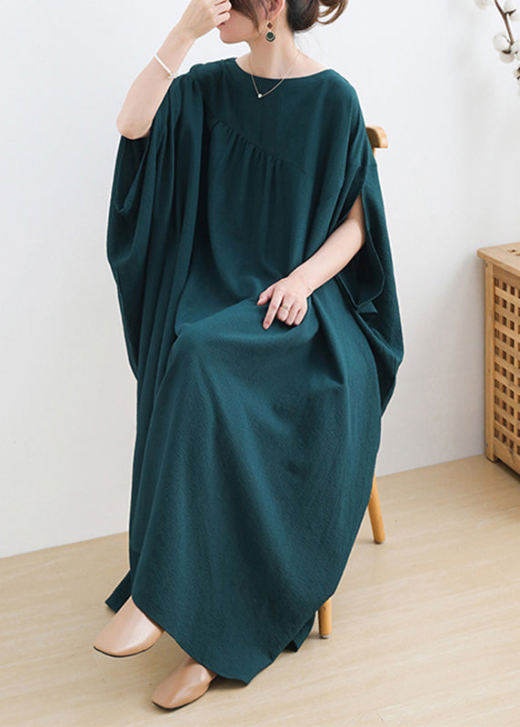 Green O-neck Asymmetrical Cotton Long Dress Short Sleeve