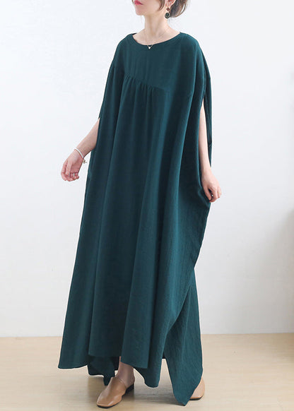 Green O-neck Asymmetrical Cotton Long Dress Short Sleeve