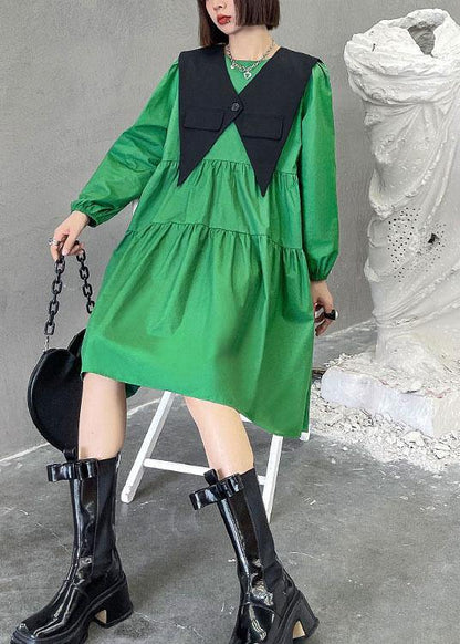 Green O-neck Button Zippered Fall Dress Long Sleeve