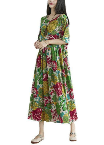 Green O-neck Patchwork Print Fall Ankle Dress Half Sleeve