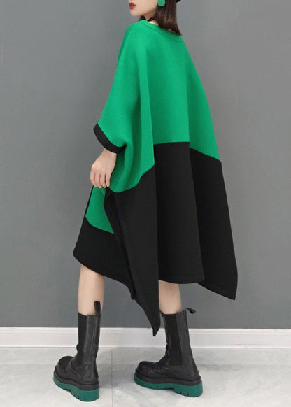 Green O Neck Pockets Patchwork Cotton Mid Dresses Fall