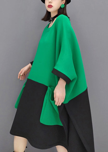Green O Neck Pockets Patchwork Cotton Mid Dresses Fall