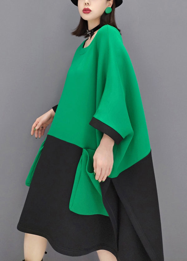 Green O Neck Pockets Patchwork Cotton Mid Dresses Fall