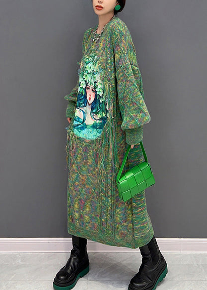 Green O-neck Print Knit Holiday Maxi Sweaters Dress Winter