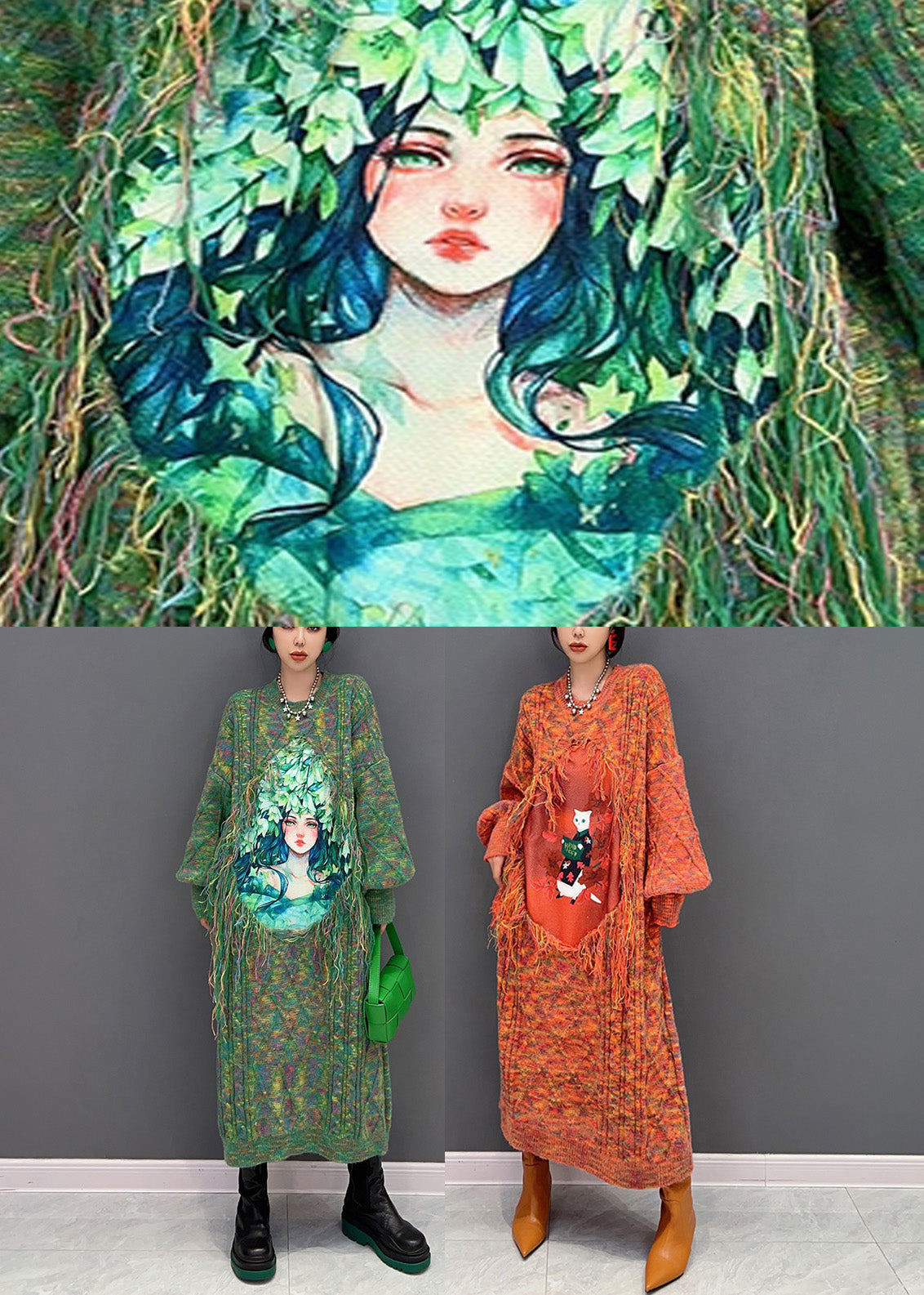 Green O-neck Print Knit Holiday Maxi Sweaters Dress Winter