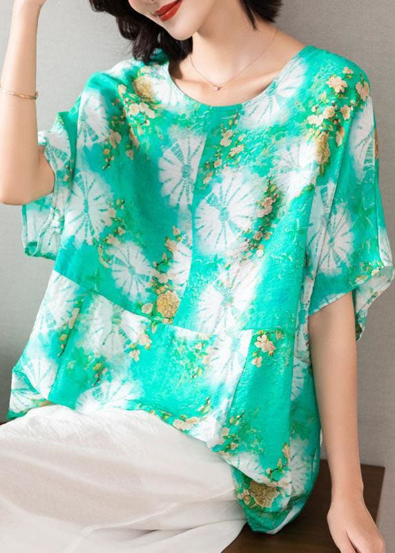 Green O Neck Print Patchwork Silk Blouse Top Batwing Sleeve