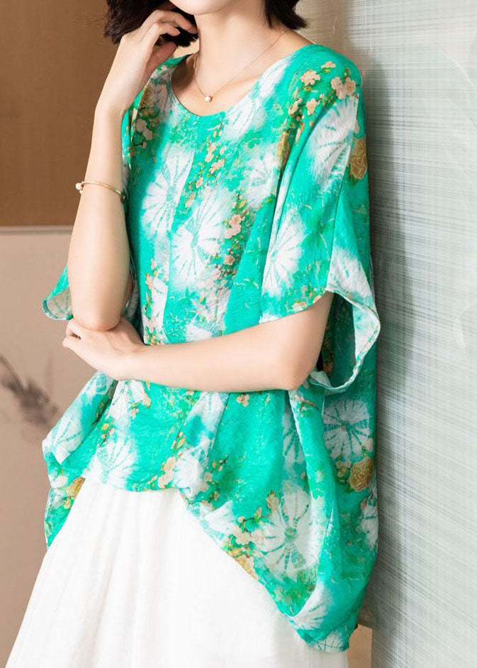 Green O Neck Print Patchwork Silk Blouse Top Batwing Sleeve