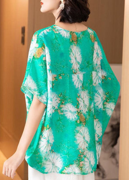 Green O Neck Print Patchwork Silk Blouse Top Batwing Sleeve