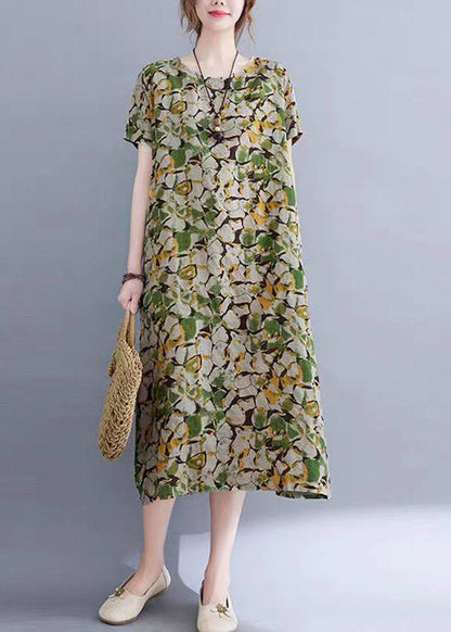 Green O-neck Print Long Dress Short Sleeve
